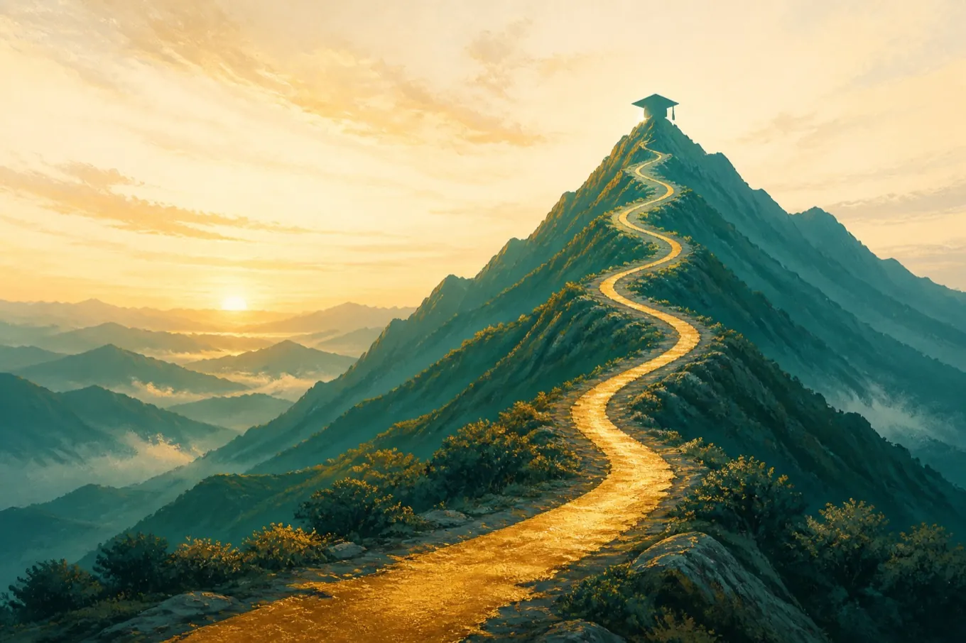 The Scholar’s Ascent illustration: a golden path climbing a mountain toward the summit at sunrise